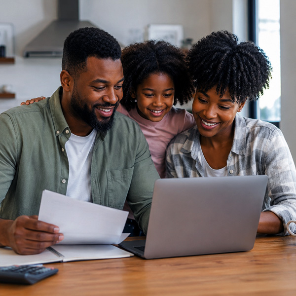 Family looking at computer family fixing finances